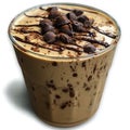 Close up of a coffee drink in a glass with chocolate toppings and drizzle on a white surface view Royalty Free Stock Photo