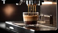 Close up coffee extraction or pouring espresso shot from coffee machine with sunset sky, copy space, brewing drinks, making Royalty Free Stock Photo