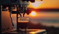 Close up coffee extraction or pouring espresso shot from coffee machine with sunset sky, copy space, brewing drinks, making Royalty Free Stock Photo