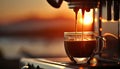 Close up coffee extraction or pouring espresso shot from coffee machine with sunset sky, copy space, brewing drinks, making Royalty Free Stock Photo