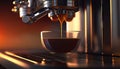 Close up coffee extraction or pouring espresso shot from coffee machine with sunset sky, copy space, brewing drinks, making Royalty Free Stock Photo