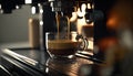 Close up coffee extraction or pouring espresso shot from coffee machine with sunset sky, copy space, brewing drinks, making Royalty Free Stock Photo