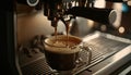 Close up coffee extraction or pouring espresso shot from coffee machine with sunset sky, copy space, brewing drinks, making Royalty Free Stock Photo