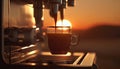 Close up coffee extraction or pouring espresso shot from coffee machine with sunset sky, copy space, brewing drinks, making Royalty Free Stock Photo