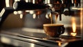Close up coffee extraction or pouring espresso shot from coffee machine with sunset sky, copy space, brewing drinks, making Royalty Free Stock Photo