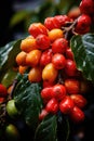 Close-up of coffee fruit at a coffee farm on a branch, Colombia