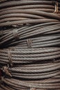 Close-up of Coil large Wire rope sling or Cable sling drum reels stocked in store Royalty Free Stock Photo