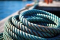 close-up of a coiled boat rope on a dock