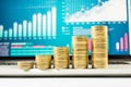 Close up coin stacked growing on financial graph chart in laptop Royalty Free Stock Photo