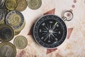 close up coins compass. High quality photo