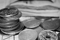 Close up of coins stack, Mono tone effect. Royalty Free Stock Photo