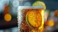Close-up of cold beer with lime slice and bubbles in a glass. Royalty Free Stock Photo