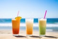 close-up of cold beverages on a sunny beach