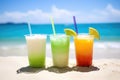 close-up of cold beverages on a sunny beach