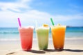 close-up of cold beverages on a sunny beach