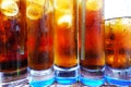 Close up of cold cocktails with cola and whiskey or vodka, alcoholic drinks for summer parties