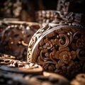 A close up of a collection of carved wooden items, AI