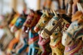 Close-up of a collection of colorful, hand-painted wooden hobby horses with intricate patterns, displayed in a row with Royalty Free Stock Photo