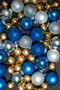 Close up of collection of variety christmas balls