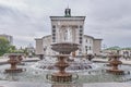 Close-up color music fountain on Theater Square. Buryat Opera and Ballet Theatre, Ulan-Ude, Russia. Royalty Free Stock Photo