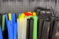 Close-up of colored heat shrink tube of different sizes in a store. Heat shrink tubing is available at electrical supply