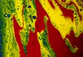 Close-up of a colorful abstract painting with red, yellow, and green brushstrokes on a white background Royalty Free Stock Photo