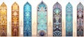 Close up of colorful arabic tiles through white mosque window greeting card for ramadan kareem