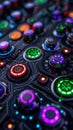 A close up of a colorful array of buttons with a neon glow