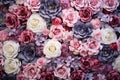 Close up of colorful artificial flowers. Floral background. Top view. Artificial Flowers Wall for Background in vintage style, AI
