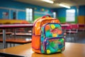 close-up of a colorful backpack and lunchbox on a school desk