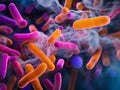 Close-up of colorful bacteria in a microscopic environment, showcasing their dynamic structure and movement