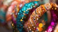 Close-up of colorful bangles with bokeh effect