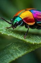 Colorful Chrysomelidae beetle on green leaf in macro photography, vivid colors and details Royalty Free Stock Photo