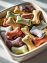 Close-up of colorful bone-shaped pet biscuits arranged in a white container illuminated by natural light on a flat surface Royalty Free Stock Photo