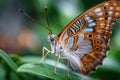 Close up of colorful butterfly on green leaf Royalty Free Stock Photo