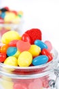 Close up colorful candy and gum in the glass jar Royalty Free Stock Photo