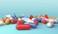 Close up of colorful capsules on blue background, 3d illustration