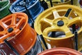 Close-up of colorful car alloy wheels in a garage Royalty Free Stock Photo