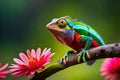 A close-up of a colorful chameleon perched on a vibrant, tropical flower, blending seamlessly with its surroundings