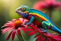 A close-up of a colorful chameleon perched on a vibrant, tropical flower, blending seamlessly with its surroundings