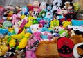 Close up of colorful children`s dolls collection.