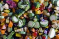 Close up of colorful chopped vegetables in natural light