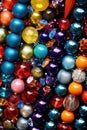 close-up of colorful christmas baubles and tinsel