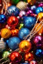 close-up of colorful christmas baubles and tinsel