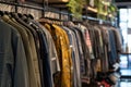 Row of different clothes hanging on rack in second hand clothing shop, charity shop, thrift store, street market Royalty Free Stock Photo