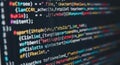 Close up of colorful computer code displayed on a digital screen abstract technology background Royalty Free Stock Photo