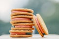 close up on colorful cookies on wooden ledge