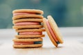 close up on colorful cookies on wooden ledge