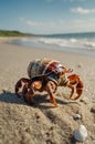 Hermit Crab Walking on the Sandy Beach with the Ocean in the Background Royalty Free Stock Photo