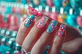 Close up of Colorful Decorated Nails with Floral Patterns Over a Sparkling Background Suggesting Fashion and Beauty Style